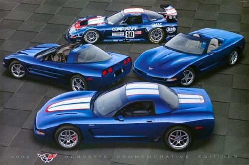 Les Chevrolet Corvettes bleu Le Mans 2004 - Coupé, Z06, Cabriolet et voiture de course C5-R