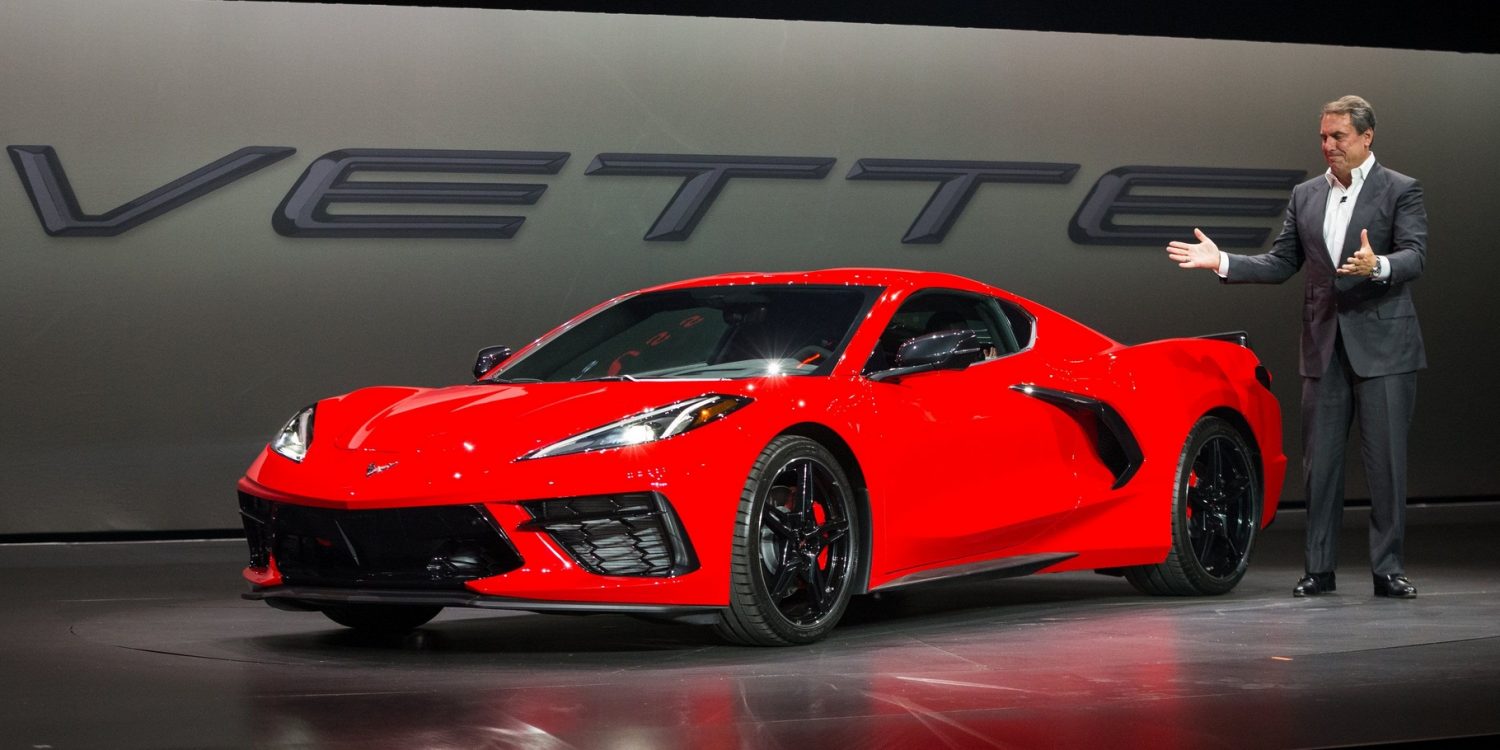 General Motors President Mark Reuss drives the 2020 Chevrolet Corvette Stingray onto the stage during its unveiling Thursday, July 18, 2019 in Tustin, California. The 2020 Stingray, the brands first-ever production mid-engine Corvette, features a new 6.2L Small Block V-8 LT2 engine producing 495 horsepower and 470 lb-ft of torque when equipped with performance exhaust. The 2020 Chevrolet Corvette Stingray goes into production in late 2019 and will start under $60,000. (Photo by Dan MacMedan for Chevrolet)