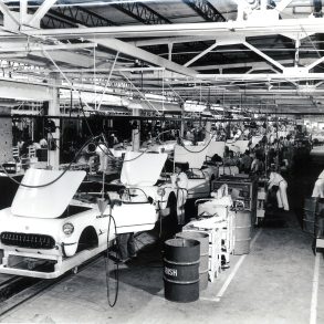 A long line in the St. Louis plant completed the assembly and trimming of the glass-fiber bodies of the 1953 Corvettes.