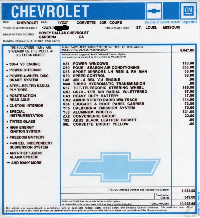 1973 Corvette C3 window sticker