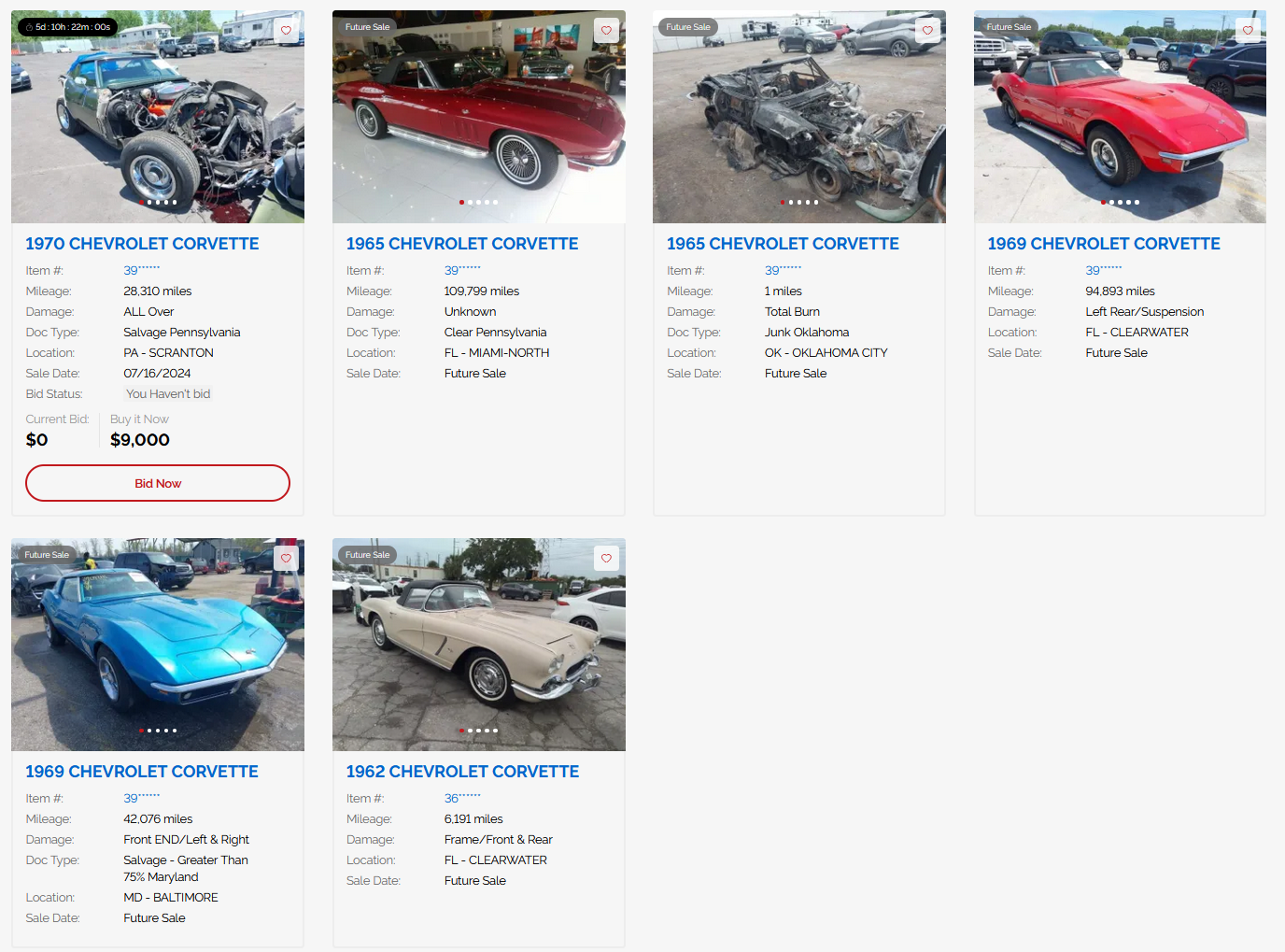 corvette salvage listings