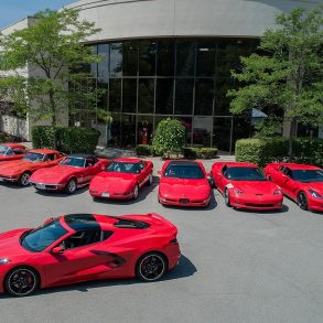 Image showing all the Corvette generation models painted in red.