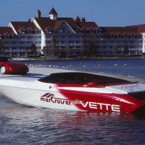 Wette Vette concept boat on a shore next to a C4 ZR-1 Corvette