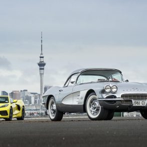 1961 Chevrolet Corvette and 2022 C8 Corvette side by side.