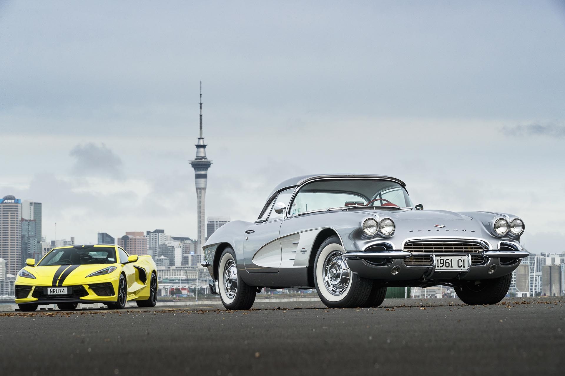 1961 Chevrolet Corvette and 2022 C8 Corvette side by side.