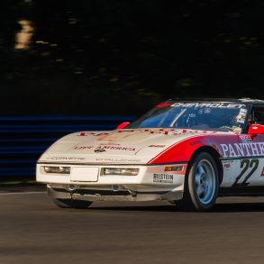 Three-quarter side view of a 1988 Chevrolet Corvette race car driven by Jake Angel