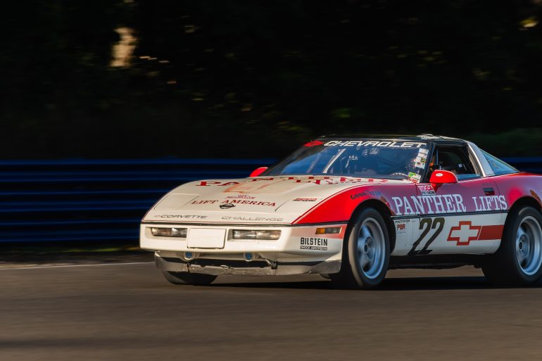 Three-quarter side view of a 1988 Chevrolet Corvette race car driven by Jake Angel