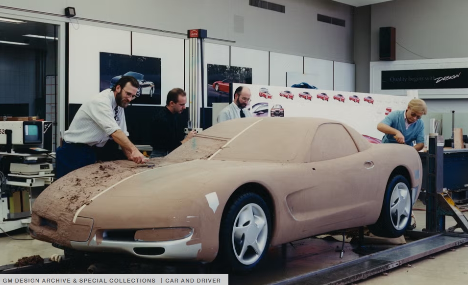 Transforming Cafaro's Black Car Concept into a production car included the development of full-scale clay models. As is often the case with clay models, various designs will be presented on each of the car's left and right hemispheres to allow engineers and designers the opportunity to evaluate styling elements in real time. (Image courtesy of GM Media/Car and Drier Magazine.)