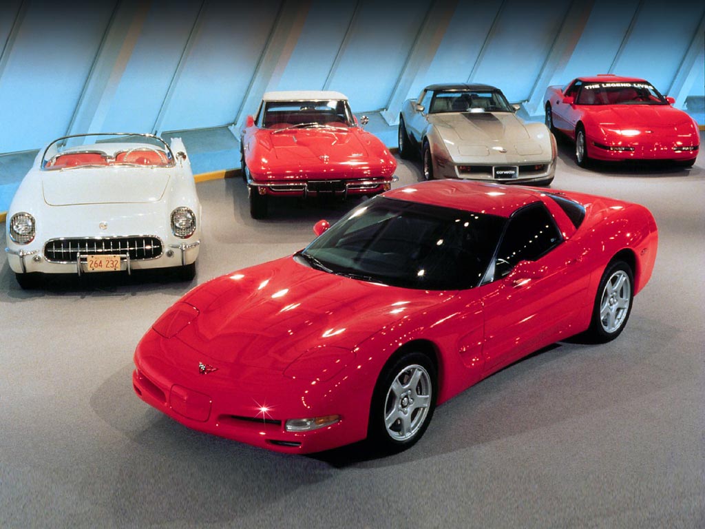 The C5 Corvette coupe joined the decades long lineage of Corvette in 1997 - a legacy that dates back to 1953, when Harley Earl introduced the original Corvette (seen far left) in 1953. (Image courtesy of the National Corvette Museum.)