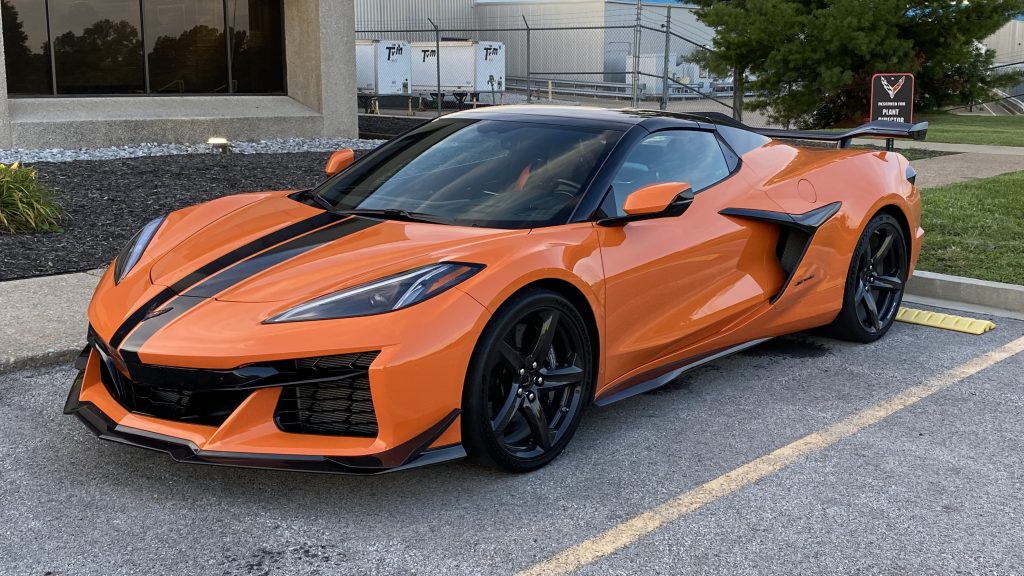 Pre-production 2023 Corvette Z06 in the parking lot of the Corvette Assembly Plant in Bowling Green, Kentucky. Shortly after taking this picture, we discovered that the car's driver was noneother than Kai Spande! (Image courtesy of the author)