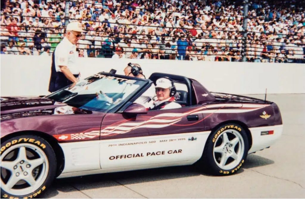 Jim Perkins pilots the 1995 Corvette Indy Pace Car at the 79th running of the Indianapolis 500 on May 28, 1995. This pace car was one of several special edition Corvettes developed by Dave Hill to help bolster public interest in the fourth-generation Corvette. (Image courtesy of GM Media.)