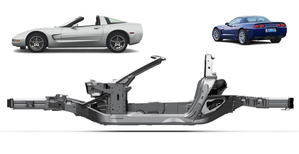 The arrival of the C5 frame was a huge leap forward in terms of structurual stiffness, especially when compared to the earlier C1-C4 Corvettes. The 1997 C5 Corvette was the first mass-produced automobile to use hydroforming on a major structural component.